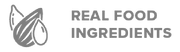 Logo featuring stylized leaves and a droplet on the left, with the text REAL FOOD INGREDIENTS on the right. The design is minimalistic and monochromatic.