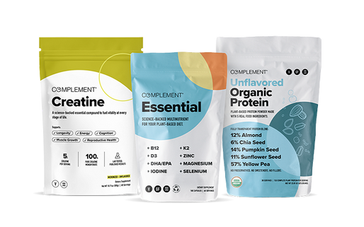 Three standing supplement pouches labeled Creatine, Essential, and Unflavored Organic Protein, each listing nutritional benefits and ingredients on their colorful packaging against a plain white background.