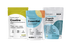 Three standing supplement pouches labeled Creatine, Essential, and Unflavored Organic Protein, each listing nutritional benefits and ingredients on their colorful packaging against a plain white background.