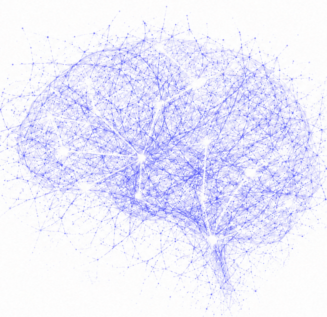 Abstract illustration of a human brain formed by interconnected blue dots and lines, representing a neural network or artificial intelligence, on a white background.