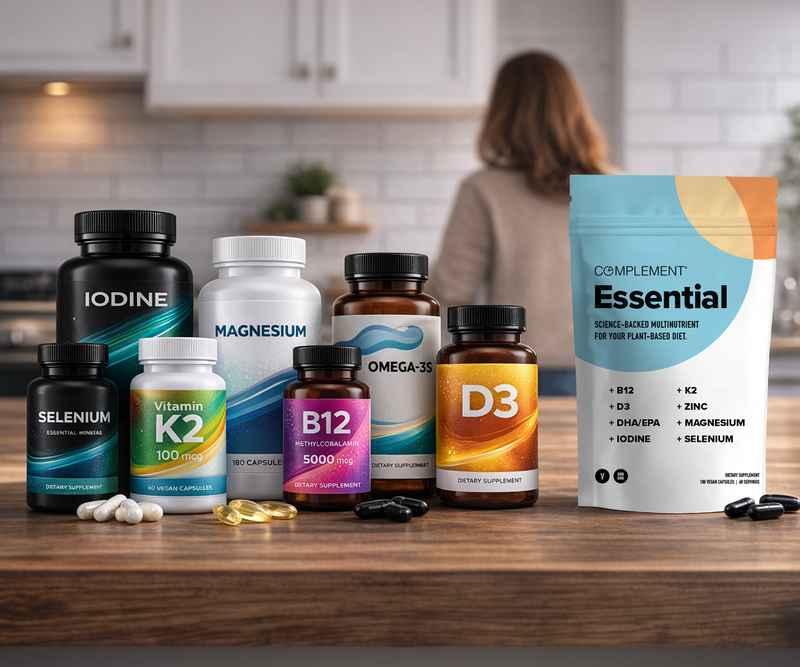 A set of supplement bottles, including iodine, magnesium, selenium, vitamin K2, B12, omega-3, and D3, arranged on a kitchen counter with a Complement Essential multivitamin pouch. A person stands blurred in the background.