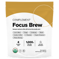 A white pouch labeled “Complement Focus Brew” mushroom coffee blend with ingredients listed and icons for USDA Organic, vegan, and brain health benefits. Serving size and key details are displayed on the front.