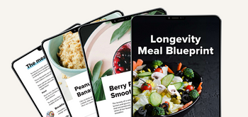 Four digital tablet screens display healthy recipe pages, including oatmeal, a berry smoothie, and a colorful vegetable salad. The foremost screen reads Longevity Meal Blueprint in bold white text.