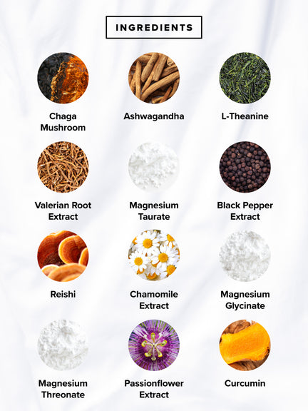 Complement Restore by Complement features ingredients such as Chaga Mushroom, calming adaptogens like Ashwagandha and Valerian Root Extract, anti-inflammatory Curcumin, Magnesium Taurate, L-Theanine for better sleep, Reishi, Chamomile Extract, Magnesium Glycinate and Threonate, Black Pepper Extract, and Passionflower Extract.