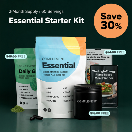 Plant-based supplement kit on green background with pouches, a jar, a book, and dropper. Text highlights a 2-month supply, 30% savings, and prices for Daily Greens, Essential multinutrient, and a meal planner.