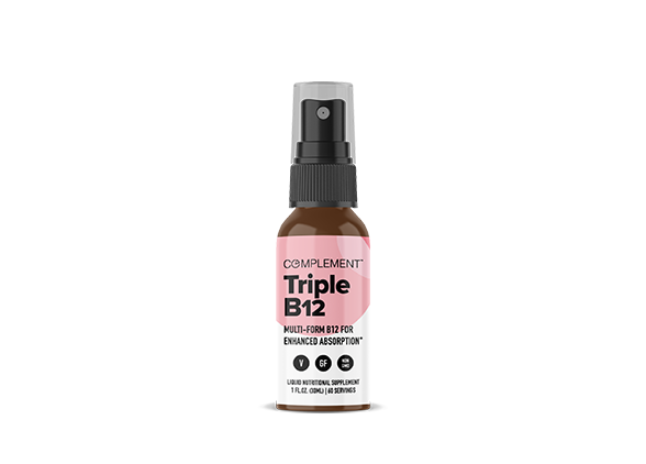 A bottle of Complement Triple B12 spray with a black nozzle and label reading Multi-Form B12 for Enhanced Absorption. Contains 1 fl. oz. (30 ml), marketed for enhanced vitamin absorption.