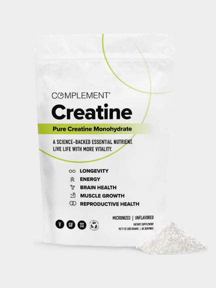 A white pouch labeled COMPLEMENT® Creatine by Complement stands upright with white powder spilled beside it. The package highlights benefits such as brain health, energy, muscle recovery, longevity, and reproductive health.