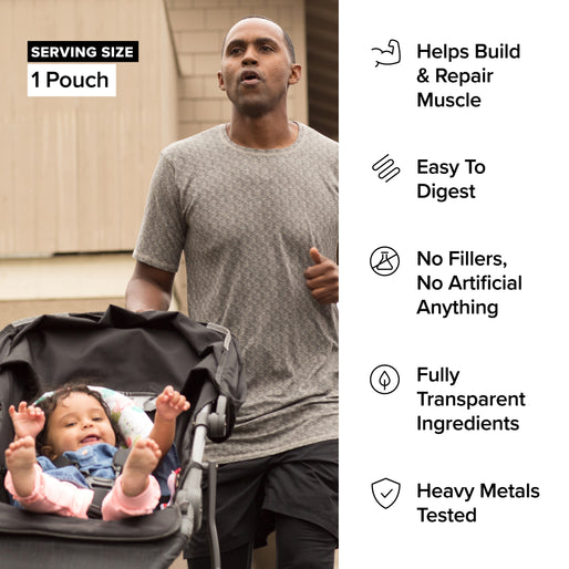 A man jogs outdoors while pushing a stroller with a smiling child. Next to them are product benefits listed, including muscle building, easy digestion, no fillers, transparent ingredients, and heavy metals testing.