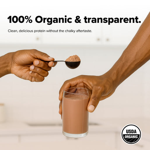 Two hands: one holding a spoonful of chocolate protein powder, the other holding a glass of chocolate protein shake. Text reads 100% Organic & transparent and USDA Organic logo appears in the corner.