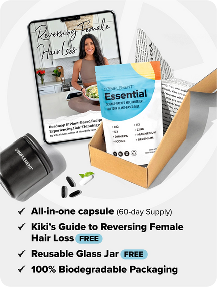 A product bundle featuring a guide titled Reversing Female Hair Loss, a package of Complement Essential capsules, a reusable glass jar, and biodegradable packaging. The guide and capsules are promoted as free offers.