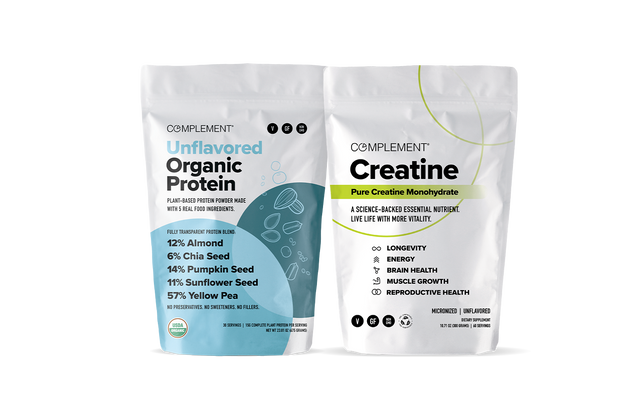 Two white supplement pouches: one labeled Unflavored Organic Protein with ingredient percentages, the other Creatine Pure Creatine Monohydrate, listing benefits like energy, muscle growth, and reproductive health.