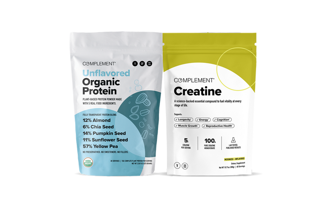 Two colorful pouches: one labeled Unflavored Organic Protein listing seed ingredients, the other Creatine highlighting benefits like muscle growth and energy. Both have modern designs with blue, green, and white elements.