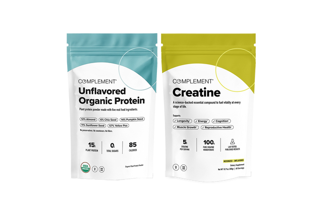 Two pouches of Complement brand supplements: one labeled Unflavored Organic Protein and one labeled Creatine.