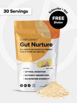 A package of Complement Gut Nurture, a fermented blend with ginger and lemon for digestion, is shown with powder spilled beside it. The image highlights 30 servings and a free shaker offer for subscribers.