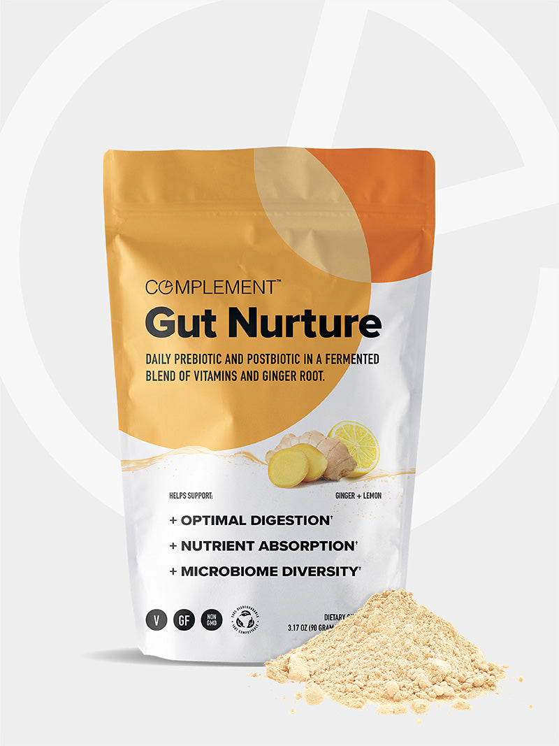 Complement Gut Nurture. Daily Prebiotic and Potbiotic Ina Fermented Blend of Vitamins and Ginger Root