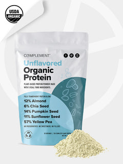 Photo of Unflavored Organic Protein, with text saying. 85 calories, 15g protein, 1g net carbs, 30 servings and zero added sugar.