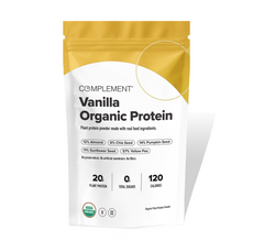 A white and yellow pouch labeled Complement Vanilla Organic Protein with details: 20g plant protein, 0g sugar, 120 calories, and USDA Organic seal. Key ingredients listed include almond, chia, pumpkin, sunflower seeds, and yellow pea.