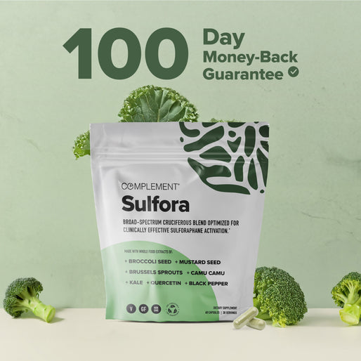 Supplement package labeled 'Sulfora' with broccoli on a light green background