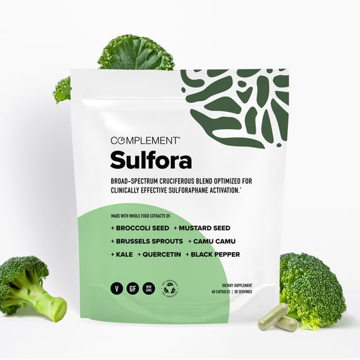 Supplement package labeled 'Sulfora' with broccoli and capsules on a white background