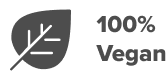 A black leaf icon with text beside it reading 100% Vegan in bold, indicating the product is completely vegan.