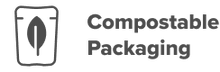 Icon of a leaf inside a packaging outline next to the text Compostable Packaging, indicating that the packaging is environmentally friendly and compostable.