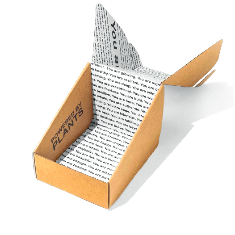 A simple cardboard box is partially open with flaps printed in black text on white paper. The outside of the box reads Powered by Plants in bold black letters. Shadows are cast on a plain white background.