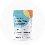 A white and blue resealable pouch labeled Complement Essential, listing nutrients such as EPA, DHA, Choline, B12, D3, K2, Iodine, Magnesium, and Selenium. The design includes orange and yellow accents.