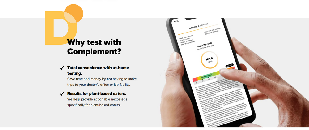 Two hands hold a smartphone displaying a vitamin report on a white background. Text beside the phone highlights benefits of at-home testing and tailored results for plant-based eaters, with a yellow and orange logo at the top left.