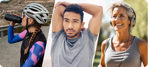 Three people exercising: a woman in a bike helmet drinking water, a man stretching his arms behind his head, and an older woman smiling while wearing headphones outdoors.