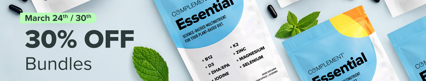Promotional banner showing supplement packages, green mint leaves, and black capsules. Text reads: March 24th / 30th, 30% OFF Bundles.