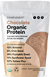 A bag of Complement Chocolate Organic Protein powder, highlighting its plant-based ingredients: 12% almond, 6% chia seed, 14% pumpkin seed, 11% sunflower seed, and 57% yellow pea. Certified USDA organic.