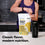 A person in a purple tank top opens a bag of Complement Vanilla Organic Protein beside a black shaker bottle on a kitchen counter. The text reads, Classic flavor, modern nutrition.