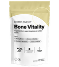 A beige and white pouch labeled Complement Bone Vitality, a dietary supplement for bone health. The front lists benefits like strong bones, balance, movement, and longevity, with icons and key features highlighted.