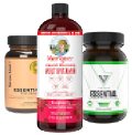 Three supplement bottles: a brown jar labeled Essential on the left, a red and white bottle with a woman’s illustration labeled MaryRuth’s Multivitamin in the center, and a dark jar labeled Essential with green accents on the right.