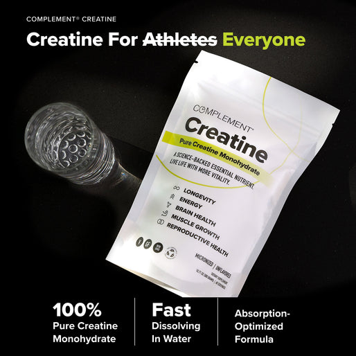 A packet of COMPLEMENT® Strongevity Stack and a clear glass of water sit on a black background. Text highlights benefits: longevity, brain health, muscle growth, reproductive health, and fast dissolving by Complement.