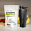 White pouch of Complement Creatine Monohydrate next to a black Complement-branded shaker, placed on a countertop with bananas and strawberries in the background.