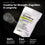 A bag of COMPLEMENT® Plant‑Based Essentials Stack by Complement sits beside a glass of water on a dark surface. Text highlights benefits such as strength, cognition, longevity, fast dissolving, and optimized absorption.