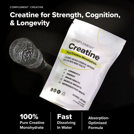 A bag of COMPLEMENT® Plant‑Based Essentials Stack by Complement sits beside a glass of water on a dark surface. Text highlights benefits such as strength, cognition, longevity, fast dissolving, and optimized absorption.
