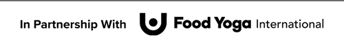 Black text reads In Partnership With Food Yoga International next to a circular logo featuring a stylized U on a light background.