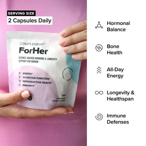 A person holds a Complement ForHer supplement pouch. Text indicates a serving size of 2 capsules daily, with benefits listed: hormonal balance, bone health, all-day energy, longevity, healthspan, and immune defenses.