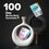 Two supplement bags displayed as art, one inside a white circular vase and the other clipped above a black circular sculpture. Text reads 100 Day Money-Back Guarantee on a black background. Two capsules rest in front.