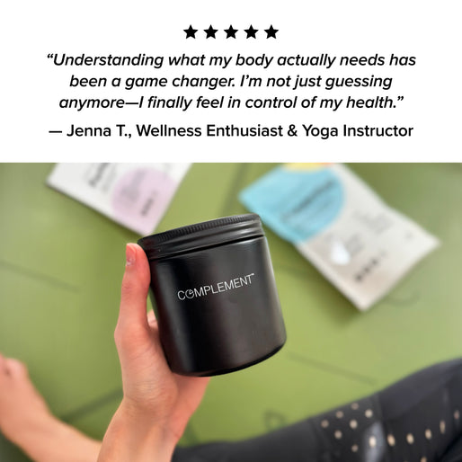 A hand holds a black jar labeled COMPLEMENT above green floor with blurred wellness product packets, a testimonial about health and control is displayed at the top.