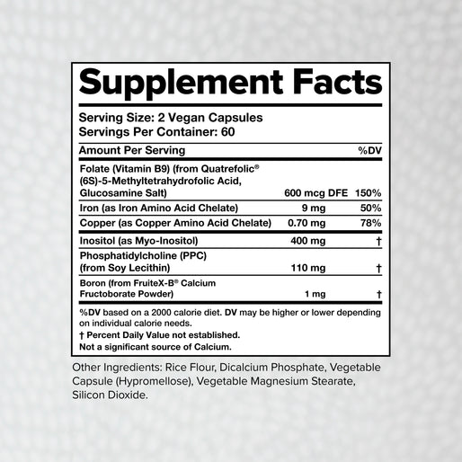 Supplement Facts label for a dietary supplement, listing serving size (2 vegan capsules), servings per container (60), nutrients (folate, boron, inositol, phosphatidylcholine), and other ingredients at the bottom.