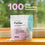A bag of Complement ForHer supplements sits on a wooden surface with four white capsules beside it. Text above reads 100 Day Money-Back Guarantee on a bright background with greenery outside a window.