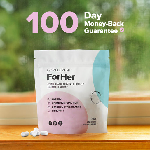 A bag of Complement ForHer supplements sits on a wooden surface with four white capsules beside it. Text above reads 100 Day Money-Back Guarantee on a bright background with greenery outside a window.