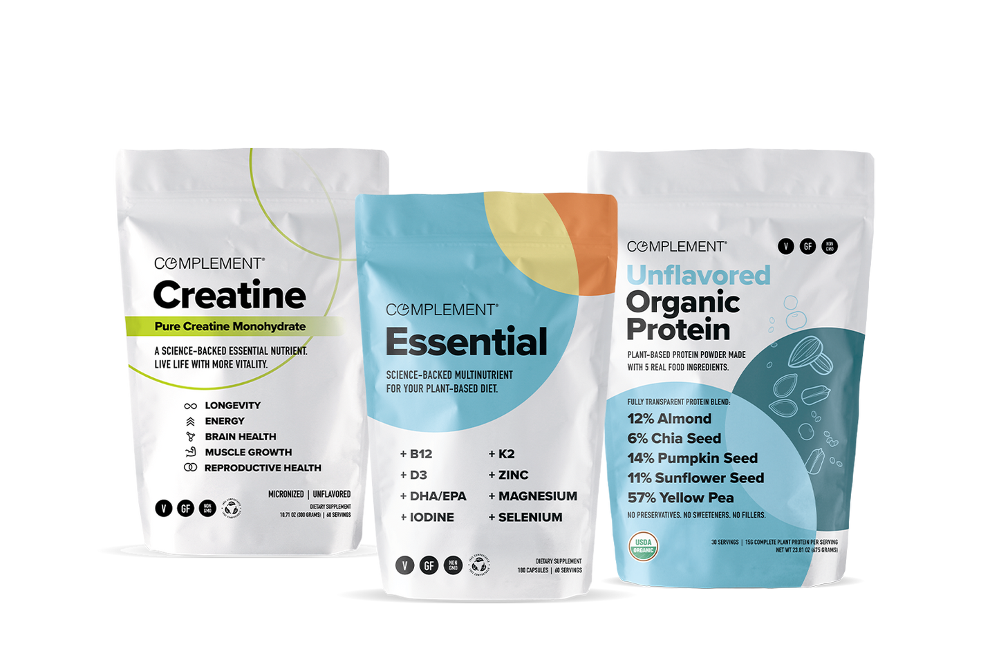 Three white pouches of Complement supplements—Creatine, Essential, and Unflavored Organic Protein—stand upright. Each pouch displays colorful labels, product names, and nutritional highlights on a plain white background.