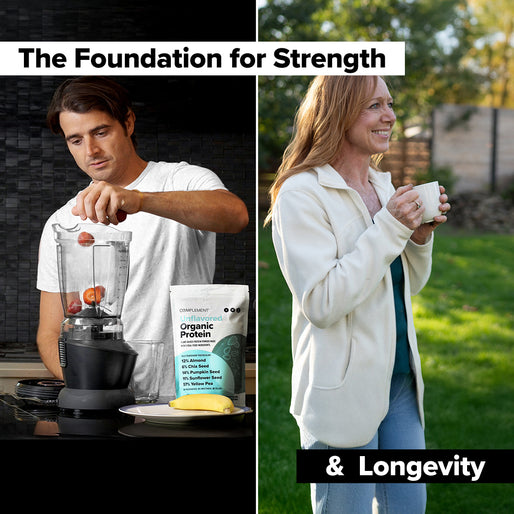A man makes a smoothie with Complements COMPLEMENT® Strongevity Stack in the kitchen, while a smiling woman stands outside holding a mug. Text: The Foundation for Strength & Longevity.