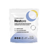 A small white packet labeled “Compliments Restore” with icons and text indicating benefits like deeper sleep, daily recovery, and immune support. The design features abstract blue and yellow shapes.