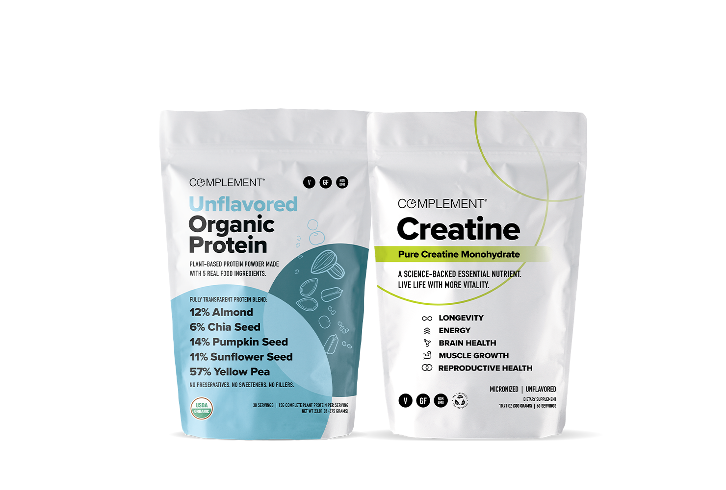 Two white, resealable pouches: one labeled “Unflavored Organic Protein” with blue designs, listing plant-based protein sources; the other labeled “Creatine” with green accents, highlighting benefits like longevity and brain health.