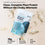 A bag of COMPLEMENT® Plant‑Based Essentials Stack by Complement stands upright with protein powder splashing around it. Text highlights 15g plant-based protein, 5 real-food ingredients, and no added ingredients.